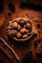 Top view of shelled walnuts in eco friendly burlap sack