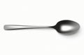 Top view of shiny metallic spoon, isolated on white background. 3d rendering shows clean, simple kitchen utensil with smooth Royalty Free Stock Photo