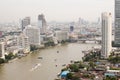 Top view ship on Chao Phraya river, bridge and city scape in Ban