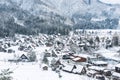 Top view of Shirakawa-go villages in snowfall day, Gifu prefecture Japan, Village hill view point in snowing fall winter,