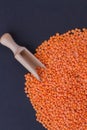 Top view short wooden scoop into pile of orange lentils. Royalty Free Stock Photo