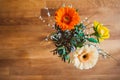 Top view shot of a bunch of flowers with orange and yellow Gerbera, Asteraceae, Plantae