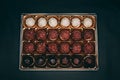 Top view shot of a chocolate box with dark and milk chocolate, and coconut ball sweet Royalty Free Stock Photo