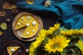 pumpkin tart and decorative sunflowers Royalty Free Stock Photo