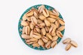 Top View Shot Of Dry Fresh Large Raw Shelled Pistachio Nuts In A