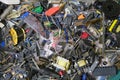 Top view shot of electronic components resistors semiconductors wires in a junkyard