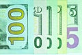 Top view shot of five, twenty, ten, fifty and hundred-dollar banknotes Royalty Free Stock Photo