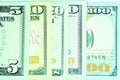 Top view shot of five, twenty, ten, fifty and hundred-dollar banknotes Royalty Free Stock Photo