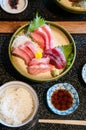 Top view shot of Fresh salmon, tuna, toro, maguro, otoro sashimi with wasabi on ceramic plate, Japanese food set Royalty Free Stock Photo