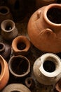 Top view shot of a group of ancient pottery vessel