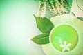 Top view shot of a hot cup of green tea with jasmine flower on b Royalty Free Stock Photo