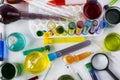 Top view shot of laboratory reagents with colorful liquid Royalty Free Stock Photo
