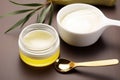 top view shot of oil-control face cream and spatula Royalty Free Stock Photo