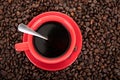 Top view shot of a small bag of coffee beans and coffee beans scattered in a spoon on a white background Royalty Free Stock Photo