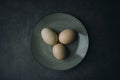 Top view shot of three hard-boiled eggs on a plate on a gray background with copy space