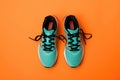 Overhead Shot Turquoise Running Shoes on an Orange Background, Generative AI