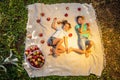 Top-view shot of two cute kids lying on the plaid in garden with basket of red apples near them. Royalty Free Stock Photo