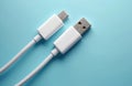 Top view shows two white USB cables on blue surface. Wires lie parallel, ends connect devices. Modern tech ensures seamless Royalty Free Stock Photo