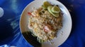 Top view shrimp fried rice asian food.