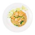 Top view, Shrimp fried rice with cucumber,Chinese kale in white plate,Thai food, Isolated Royalty Free Stock Photo