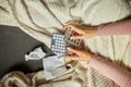 Top view Sick woman looking blister of medicine in hand