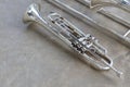 Top view silver trumpet instrument for jazz band or marching band instrument.