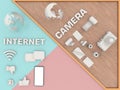 The top view is a simulation of simulated world,wifi symbol and Smartphone white screen,resting On a Pink and blue pastel table An Royalty Free Stock Photo