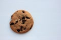Top view of single chocolate chip cookie on white background. Copy space. Selective focus Royalty Free Stock Photo