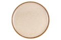 Top view of single empty round spotted brown ceramic plate with brown edge