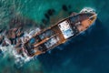 Top view of sinking tanker shot by drone. Inverted tanker wrecked on Black Sea coast of Odessa. Empty tanker leaned to