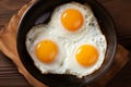 Top view of sizzling fried egg and crispy bacon in a pan, creating a delicious breakfast dish