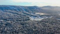Top view of ski base with slopes on mountain. Footage. Panorama of snow-covered mountains with ski slopes and recreation Royalty Free Stock Photo