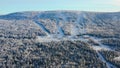 Top view of ski base with slopes on mountain. Footage. Panorama of snow-covered mountains with ski slopes and recreation Royalty Free Stock Photo