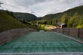 Ski jumping slope and tracks on summer