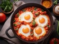 Top View of a Skillet with Shakshuka Poached Eggs in Spicy Tomato Sauce, Garnished with Fresh Parsley