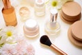 top view of skincare regimen items on a vanity