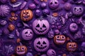 Top view Skulls, pumpkins and horror elements on purple background for holiday Halloween. Generative AI
