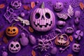 Top view Skulls, pumpkins and horror elements on purple background for holiday Halloween. Generative AI