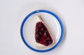 Top view of the slice of the blueberry cheese pie on the white plate served