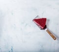 Top View. slice of delicious Red velvet cake.