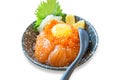 Top view of slice fresh salmon topping on rice with white sesame Royalty Free Stock Photo