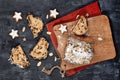 Top view of slice of German Stollen cake, a fruit bread with nuts and dried fruits served during Christmas