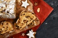 Top view of slice of German Stollen cake, a fruit bread with nuts, spices, and dried fruits with powdered sugar