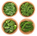 Top view of slice green onions,pepper seeds,bitter melon,Zanthozylum limonella Alston in wooden bowl on white background Royalty Free Stock Photo