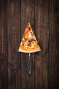 Top view slice of italian pizza on a pie spatula that resemble a christmas tree. New year concept on wooden brown background with Royalty Free Stock Photo