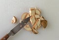 Sliced baby bella mushrooms with a knife Royalty Free Stock Photo