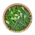 Top view of sliced fresh green chinese chives in wooden bowl iso Royalty Free Stock Photo