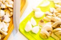 Top view of sliced mushrooms with a knife and garlic Royalty Free Stock Photo