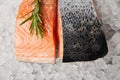 top view of sliced red fish fillet with rosemary on crushed ice Royalty Free Stock Photo