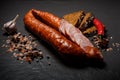 top view on sliced smoked sausage with garlic, chili and rye bread Royalty Free Stock Photo